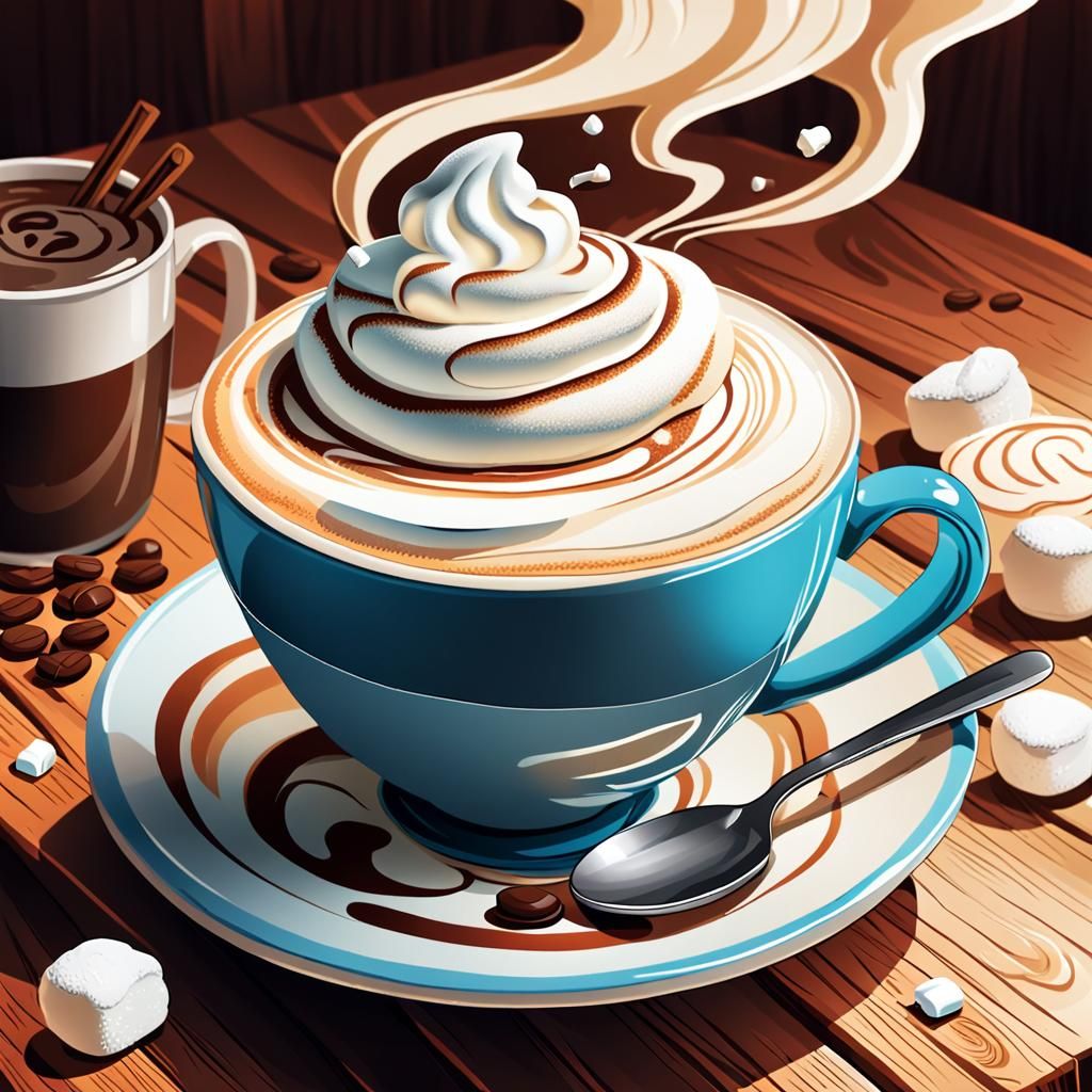 Latte Coffee with Marshmallow in Comic Book Style