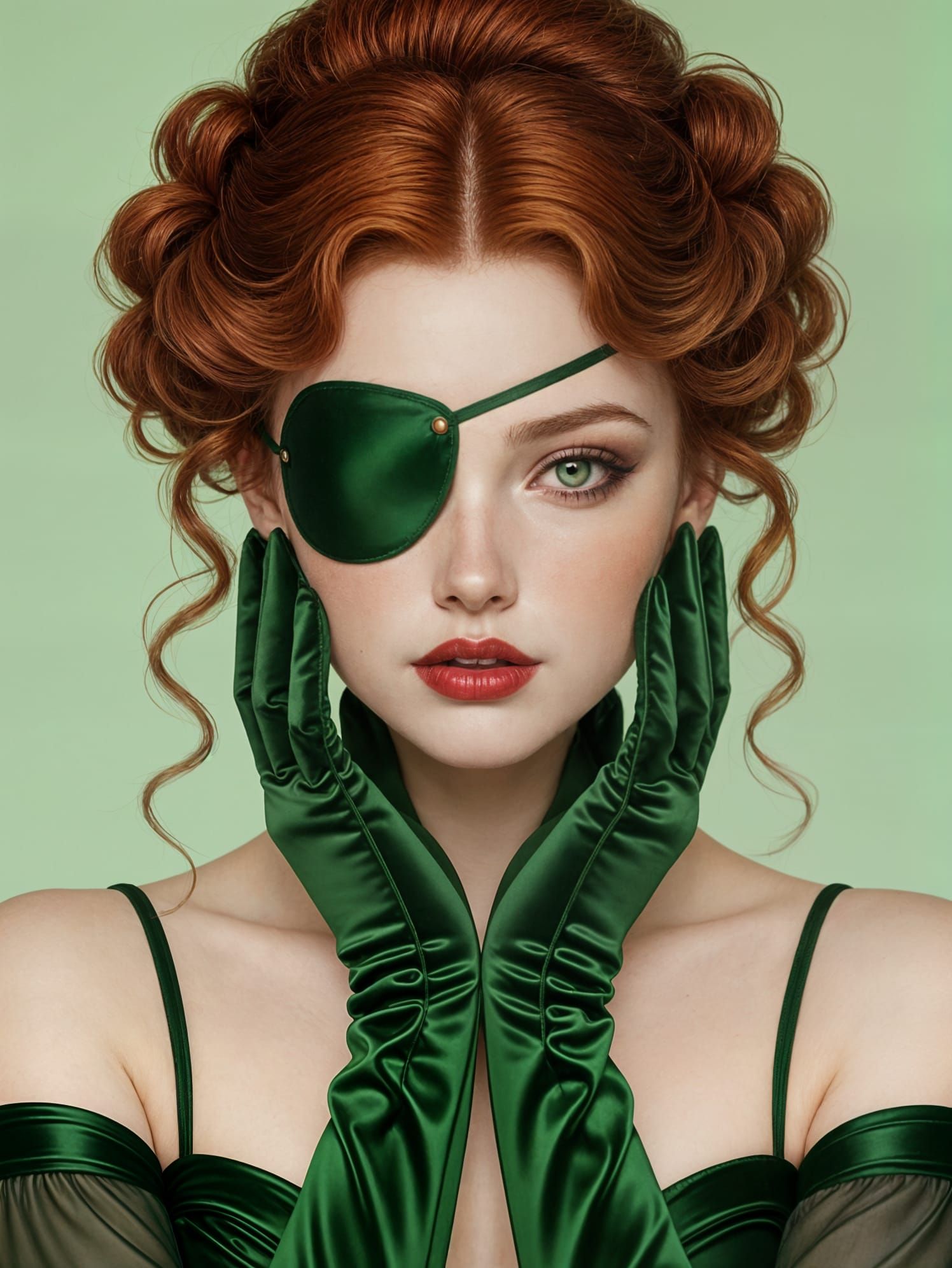 Auburn Beauty in Green with Eyepatch Portrait