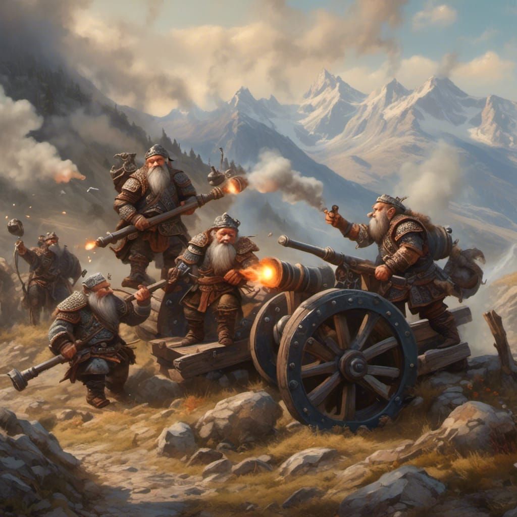 Armored Dwarves Firing Cannon in Hyperrealistic Style
