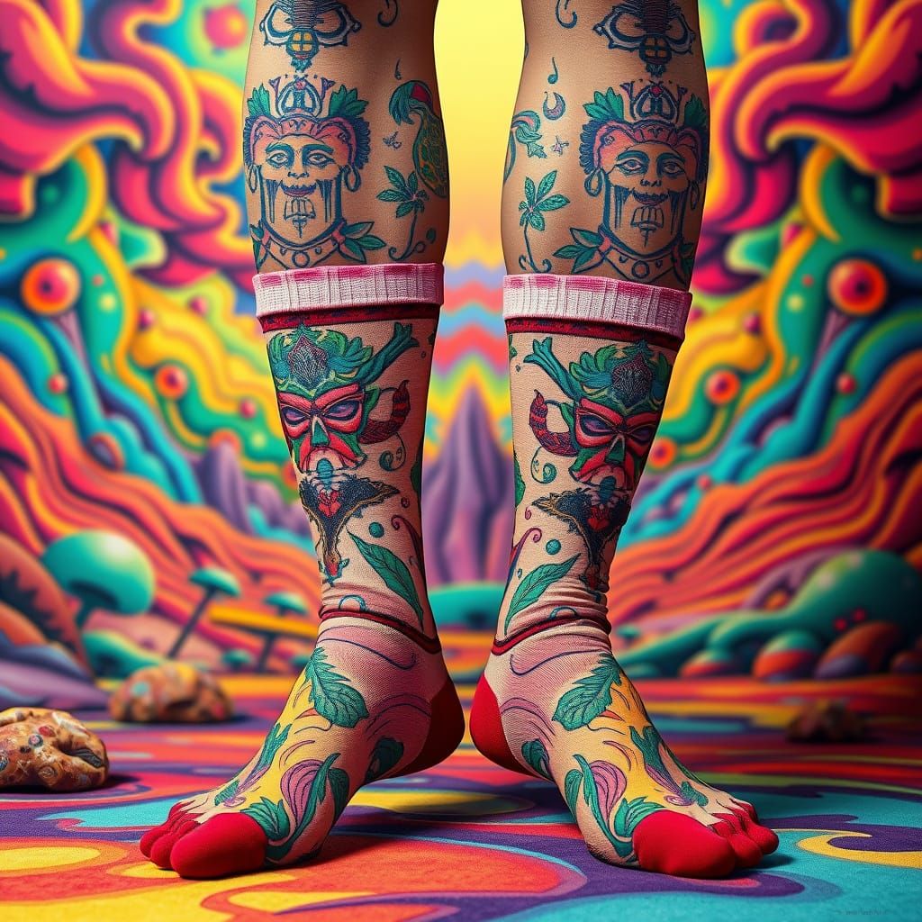 Psychedelic Socks Embroidery on Tattooed Legs