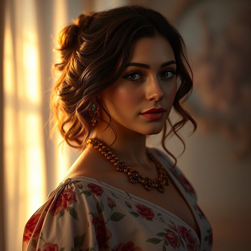 Warm and Resilient Young Woman in Elegant Floral Print Dress