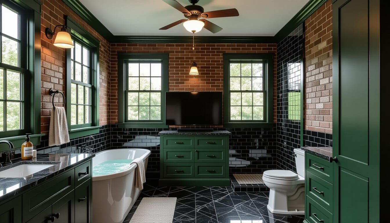 Vibrant Victorian Bathroom with Green Cabinets and Brick Wal...