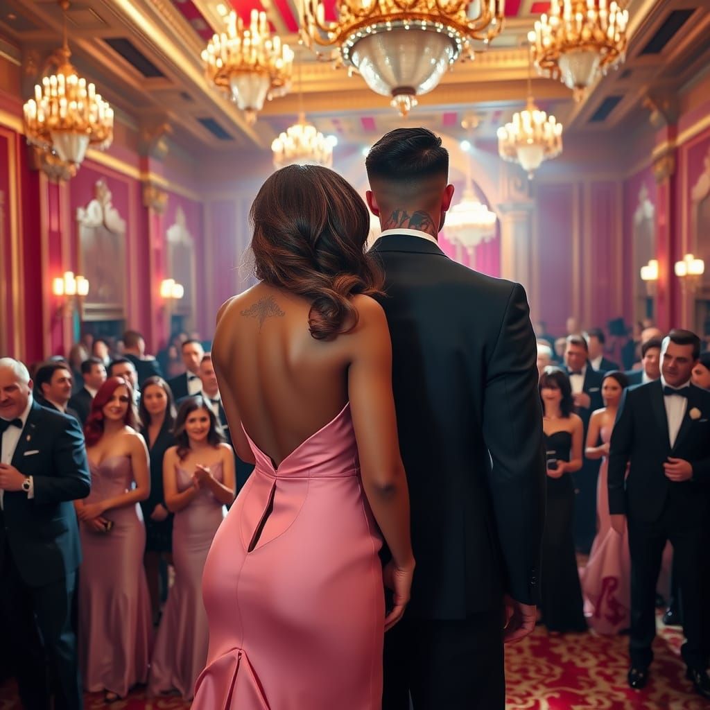 Elegant Couple in Luxury Ballroom with Classy Guests
