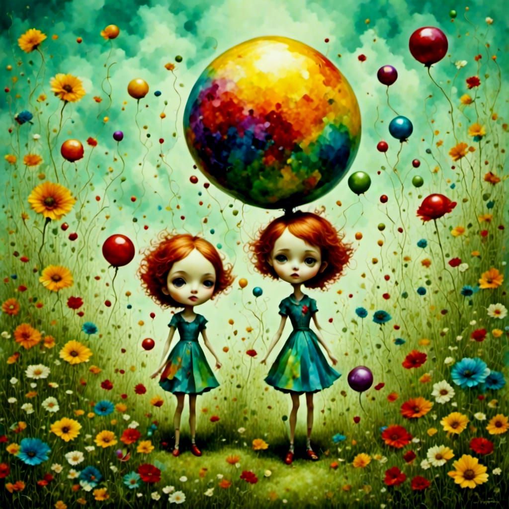 Children Playing in Surreal Meadow, Pop Surrealism