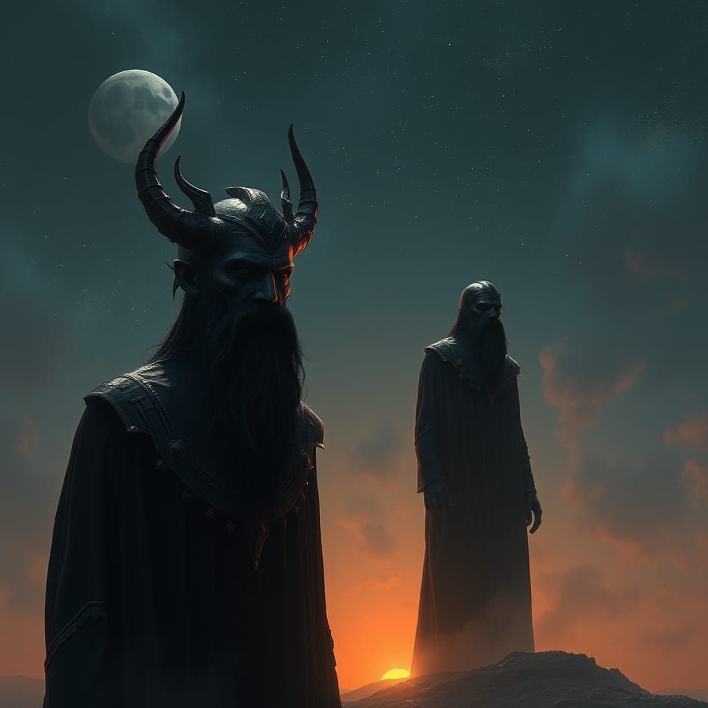 Eerie Guardians: Tall Bearded Figures in Matte Painting