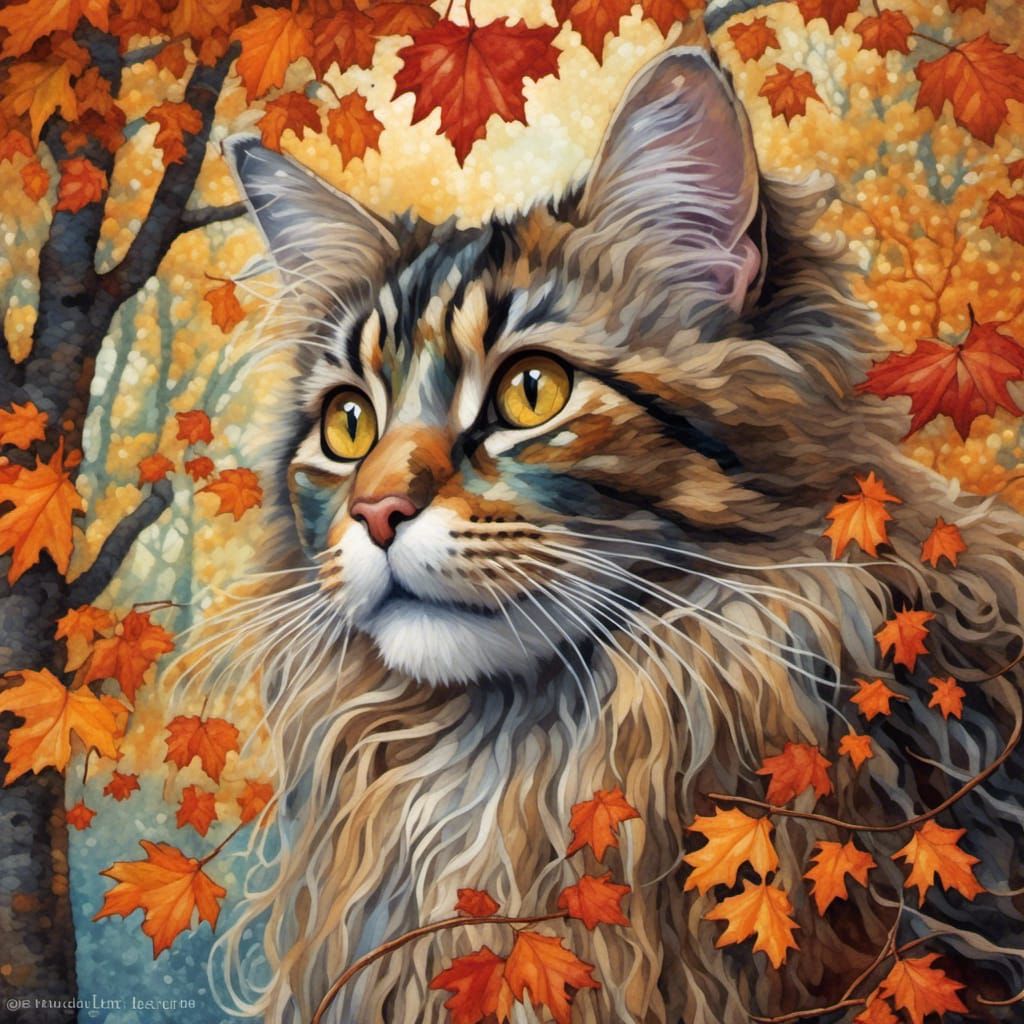 close-up portrait, a frightened long-haired tabby cat is cap...