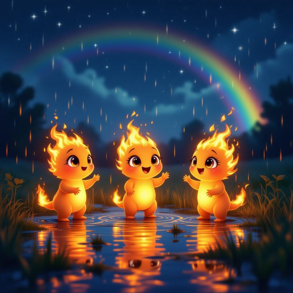 Fire Spirits Dancing in Night Rain, Studio Ghibli Style