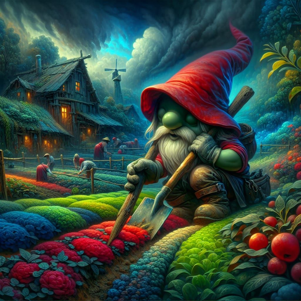 Gnome Gardening in Dark Fantasy Matte Painting