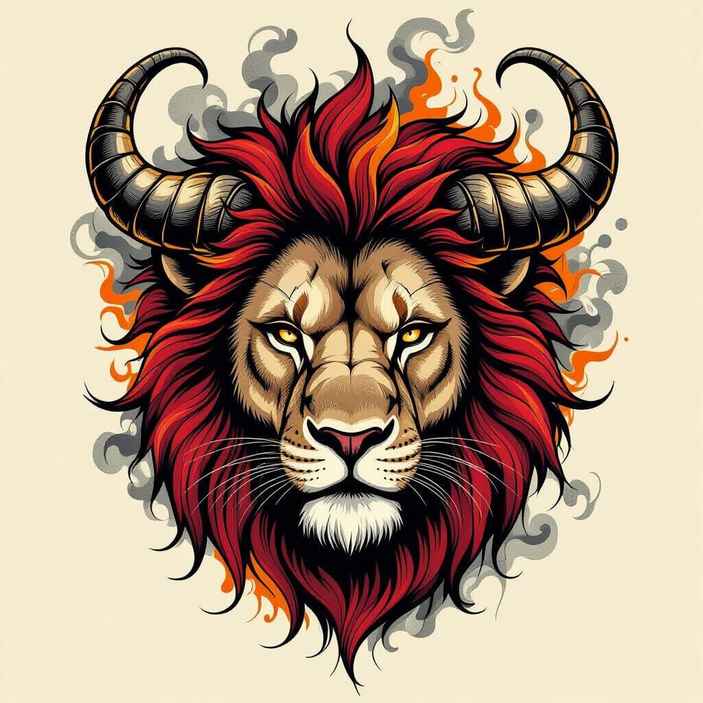 Lion Head Tattoo Art with Smoke and Flame