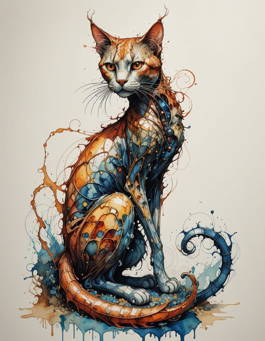 Elegant Cat Gargoyle in Fluid Swirling Ink Style