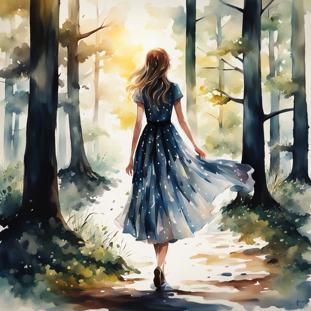 Girl in Forest Sunlight: Watercolor Style