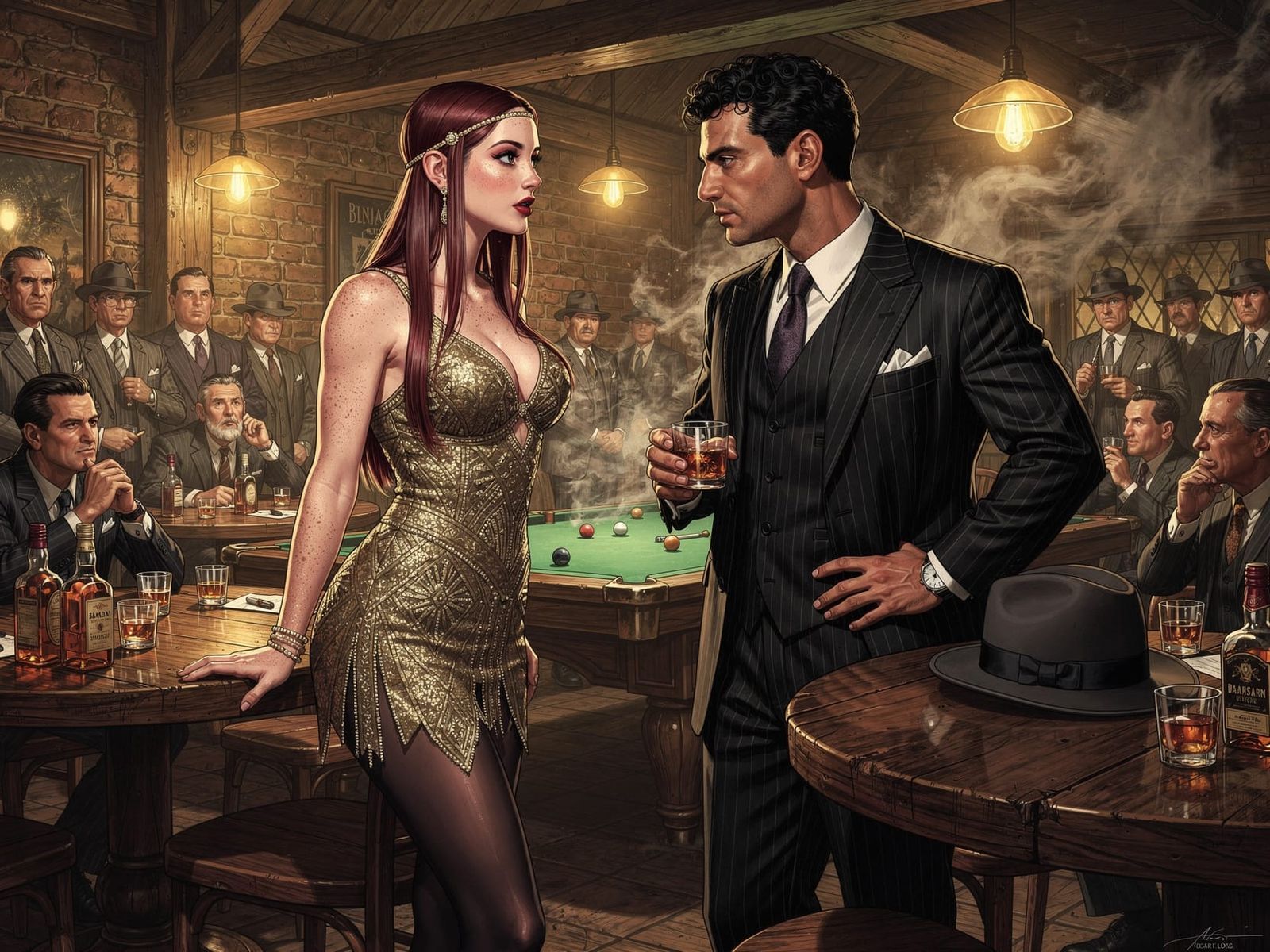 Flapper Charms Mobsters in Dim Speakeasy