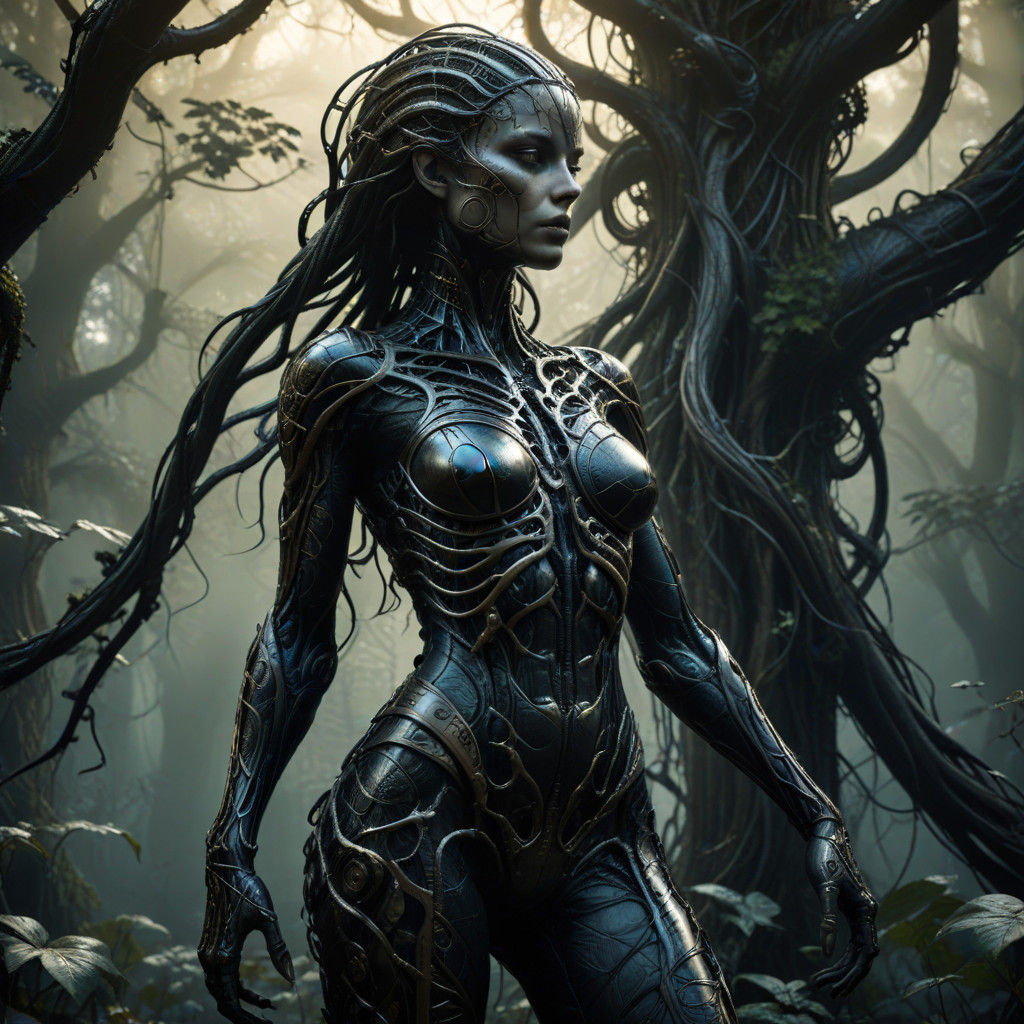 Surreal Biomechanical Goddess Among Vines in a Dark Fantasy...