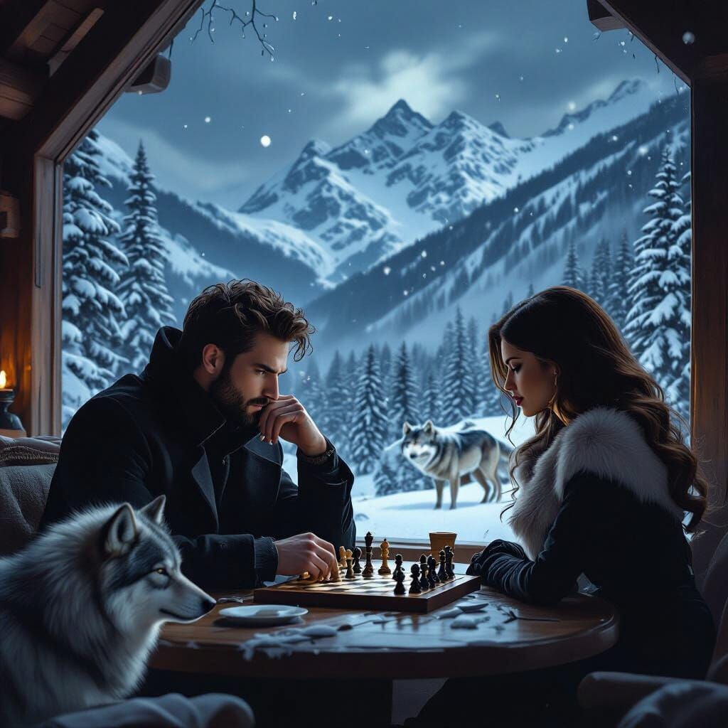 Chess Master with Wolf Spirit in Snowy Lodge