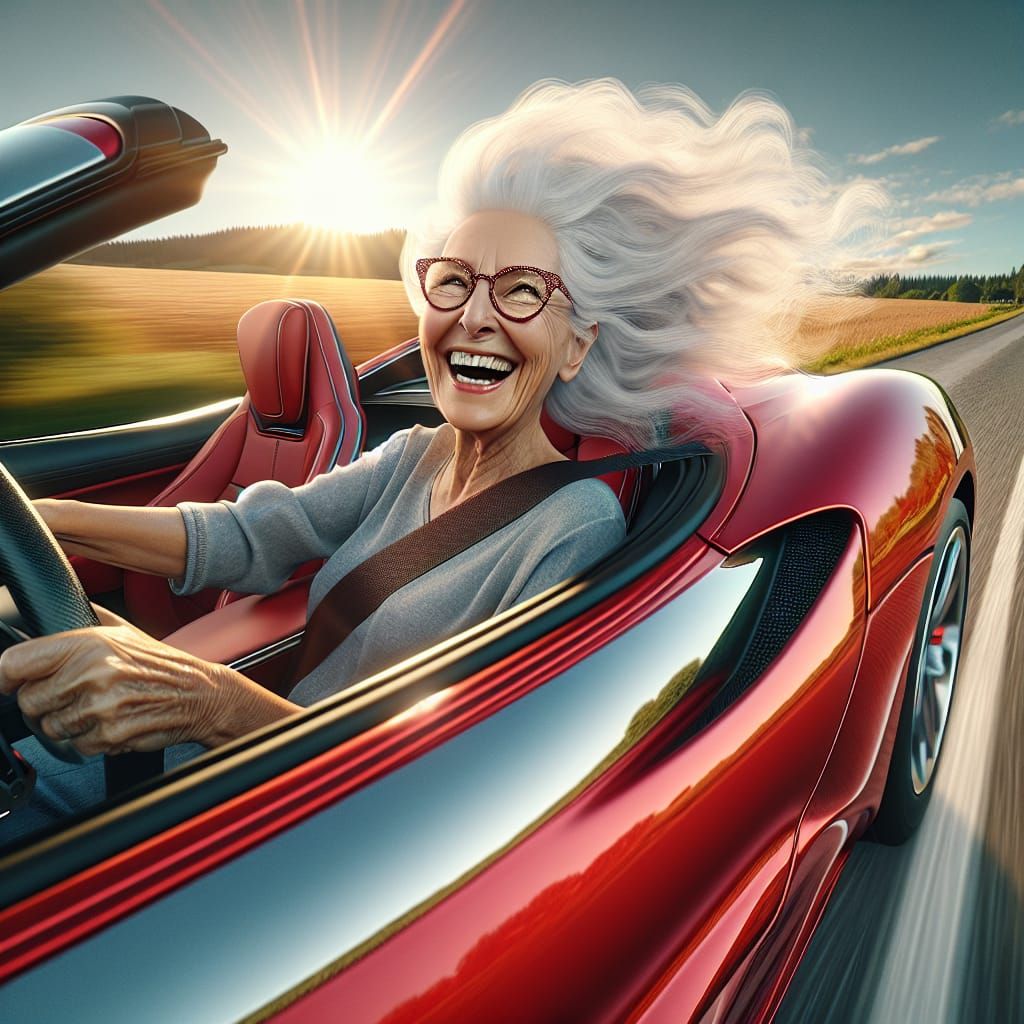 Glamorous Granny Cruises Down Country Road in Shiny Red Spor...