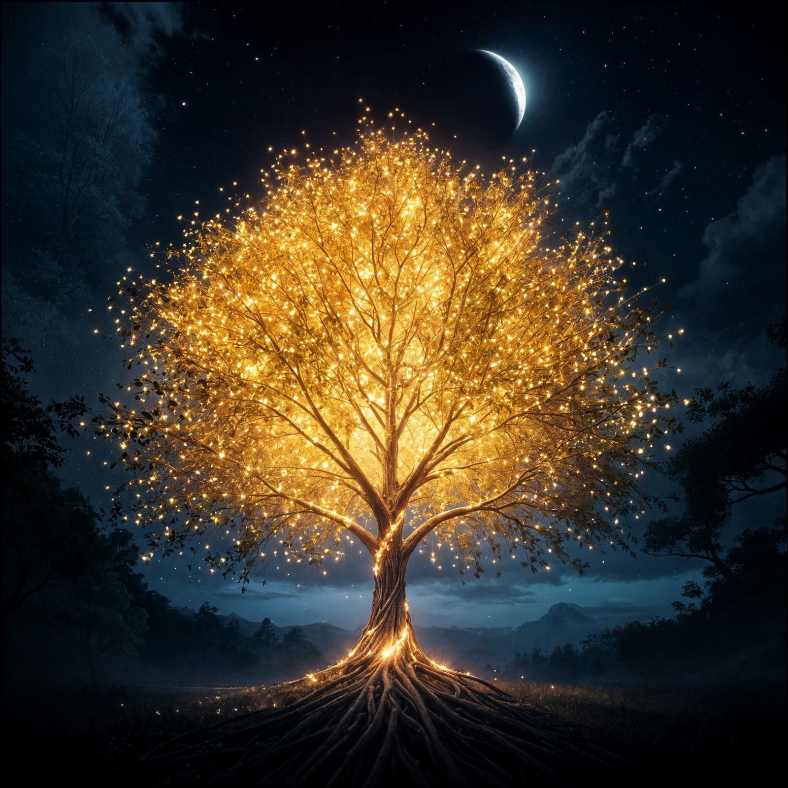 Sparkling Golden Tree at Moonlit Night
