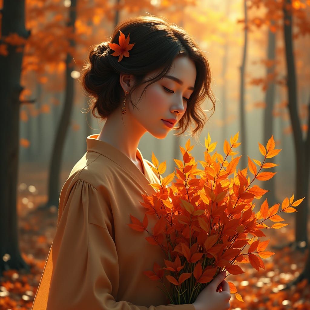 Woman in Autumn Forest, Batik Art Style