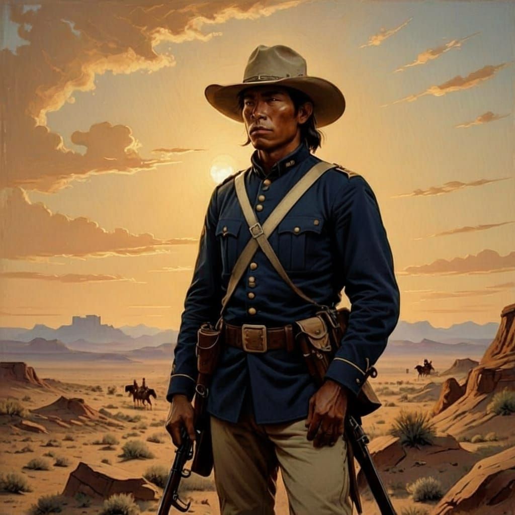 Native American Scout in Cavalry Uniform with Rifle
