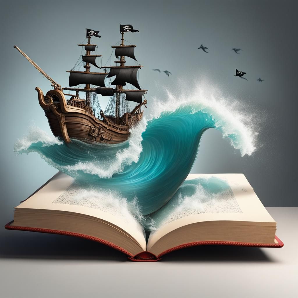 A pirate ship coming out of a book