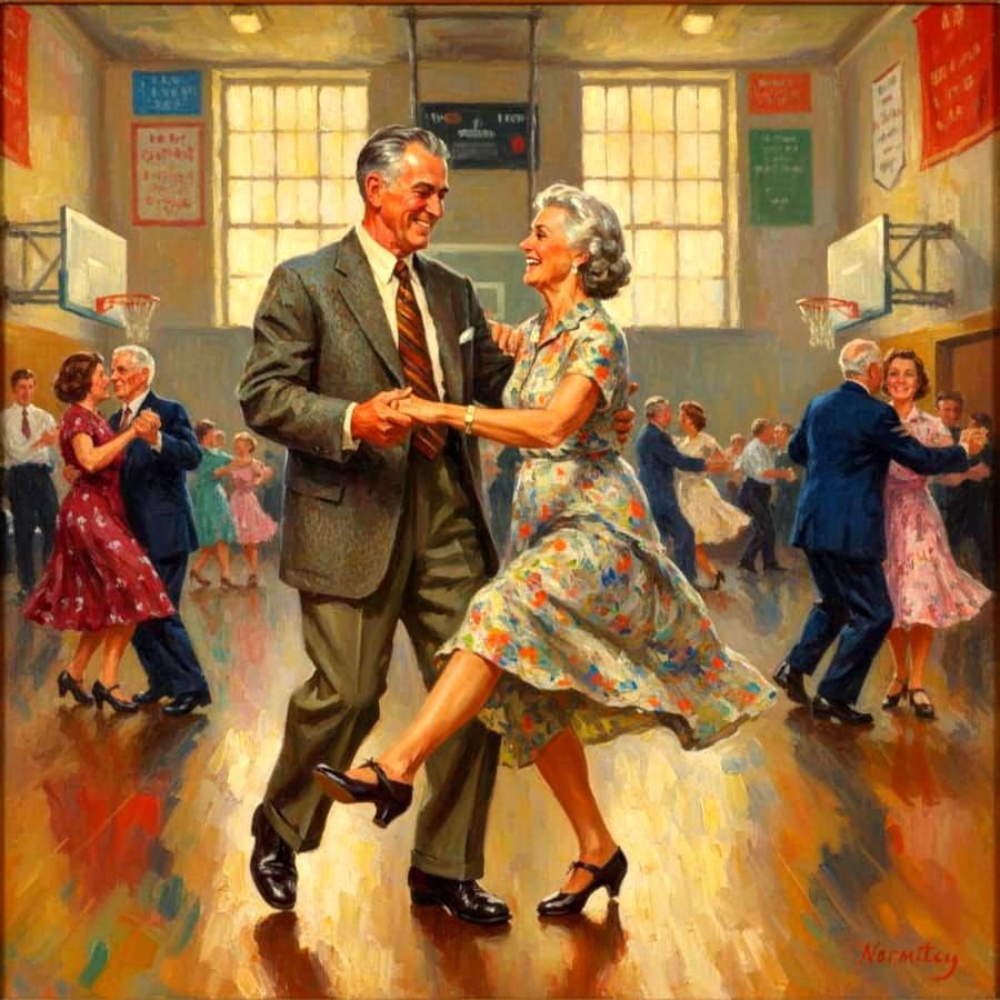 Couple Jitterbugging in Retro Gym, Impressionist Oil Paintin...