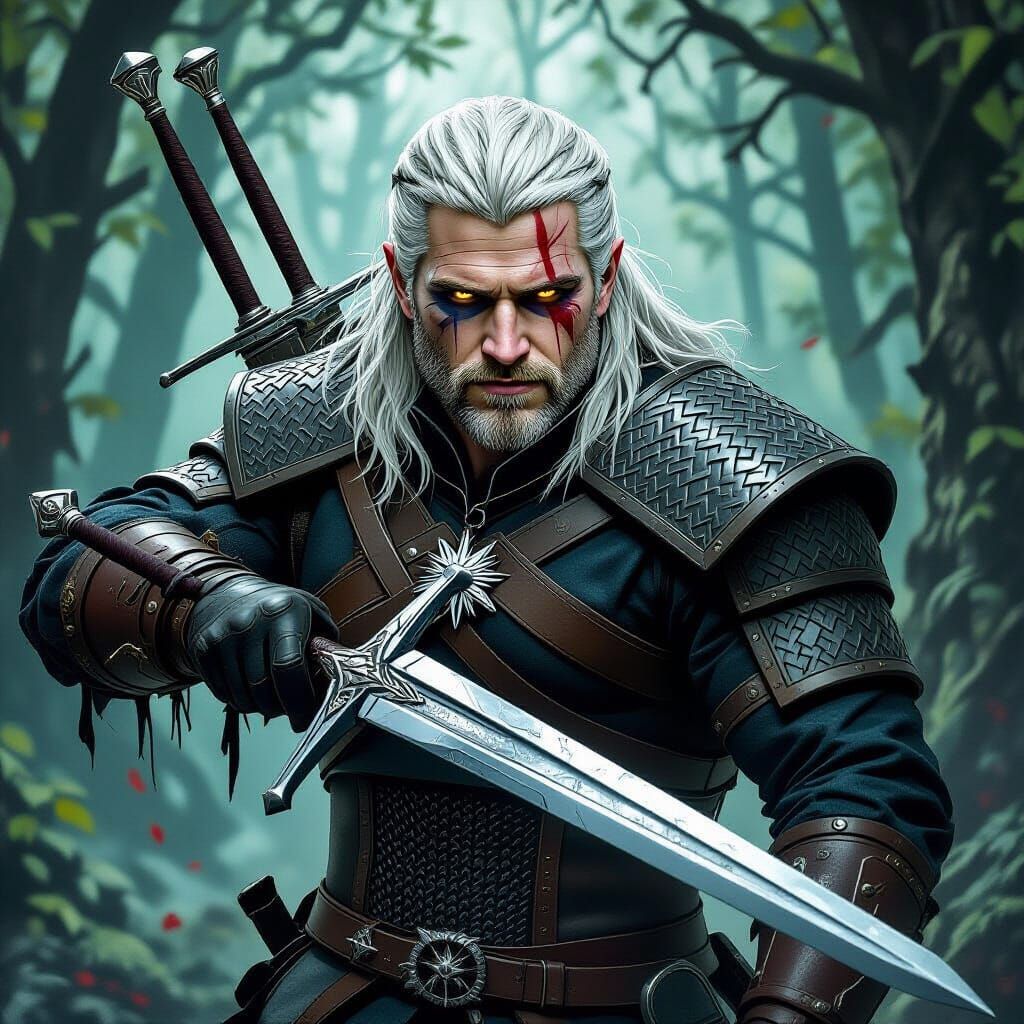 Geralt of Rivia Battles Striga in Mystical Forest