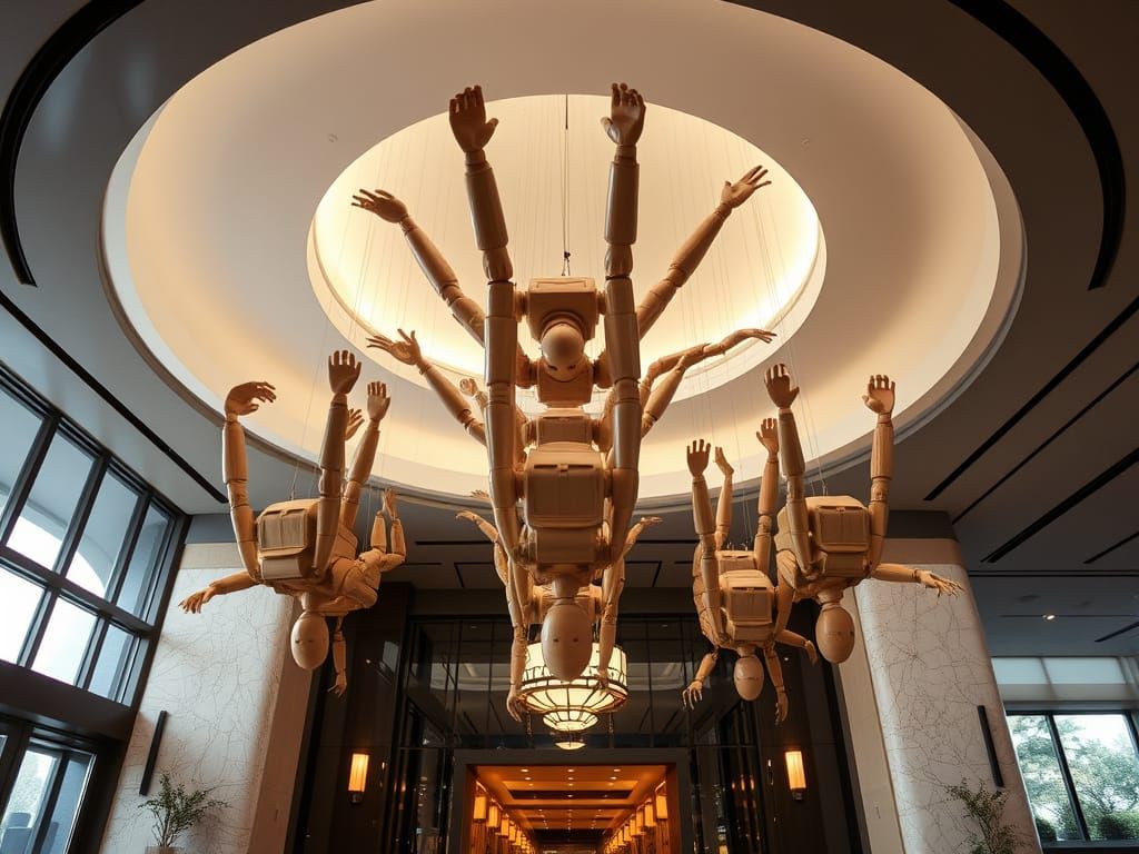 Surreal Sculpture of Wooden Dolls in Mid-Air Formation