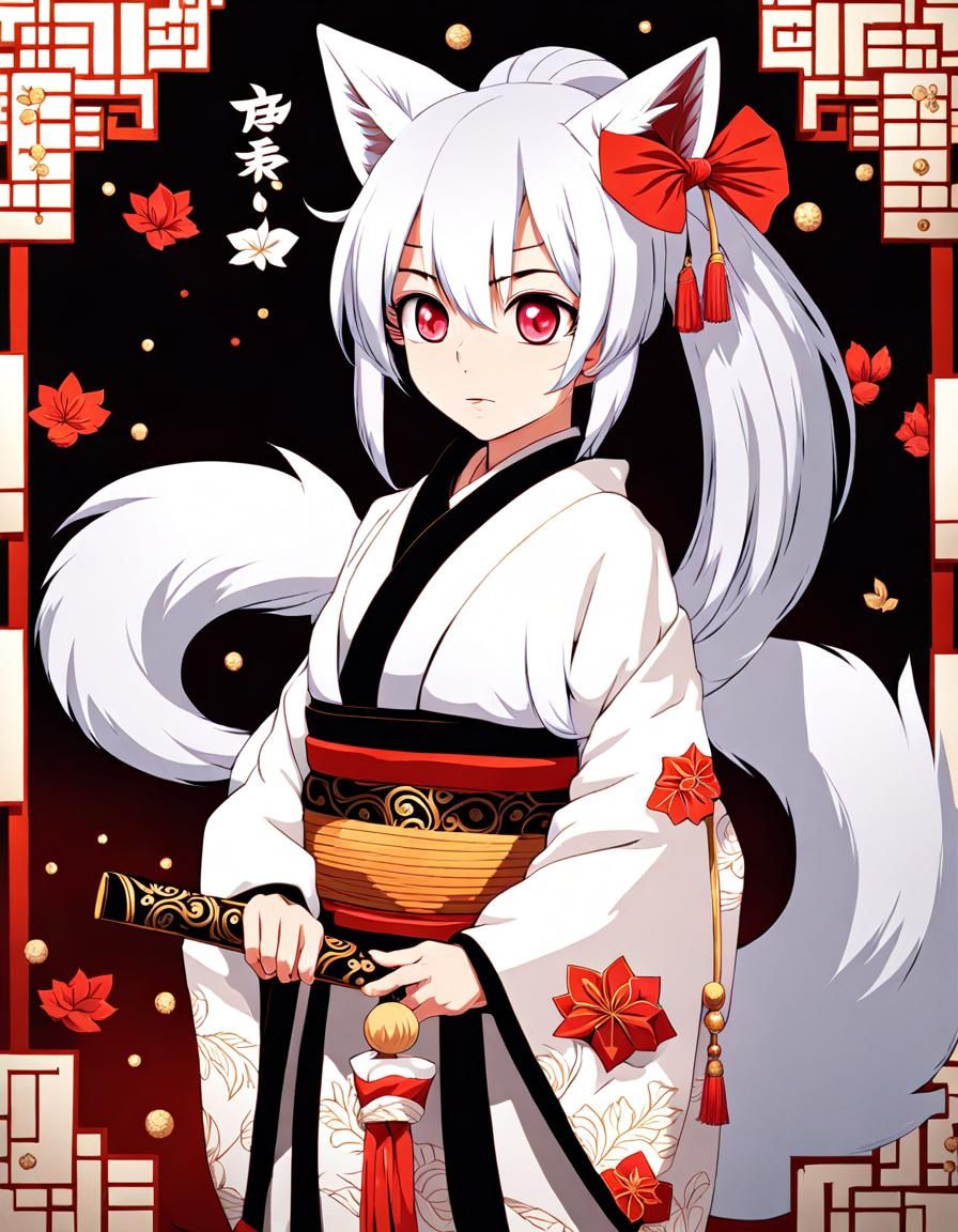White-Haired Kitsune in Kimono Digital Art