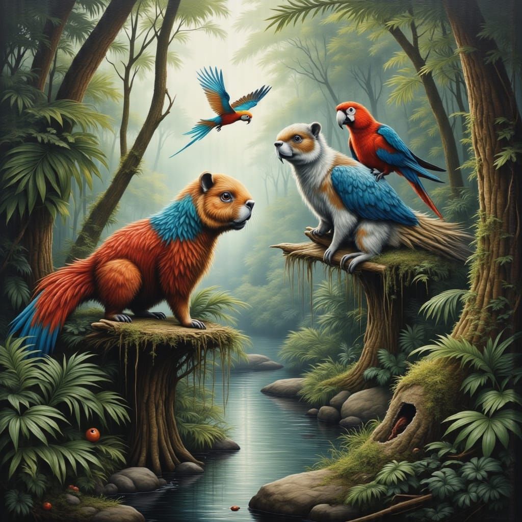 Capybaras Domesticate Parrots in Mystical Jungle Clearing