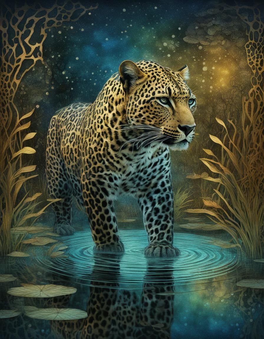 Leopard Wading at Night in Double Exposure Style