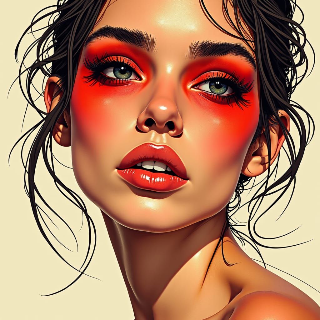 Woman's Face with Red Eyeshadow in 3D Wireframe Style