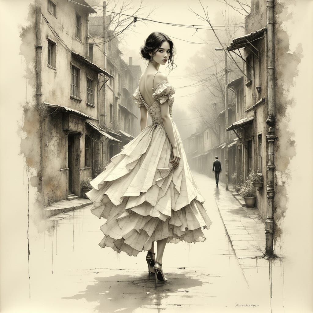 Surreal Paper Dress Woman in Pencil Chalk Style