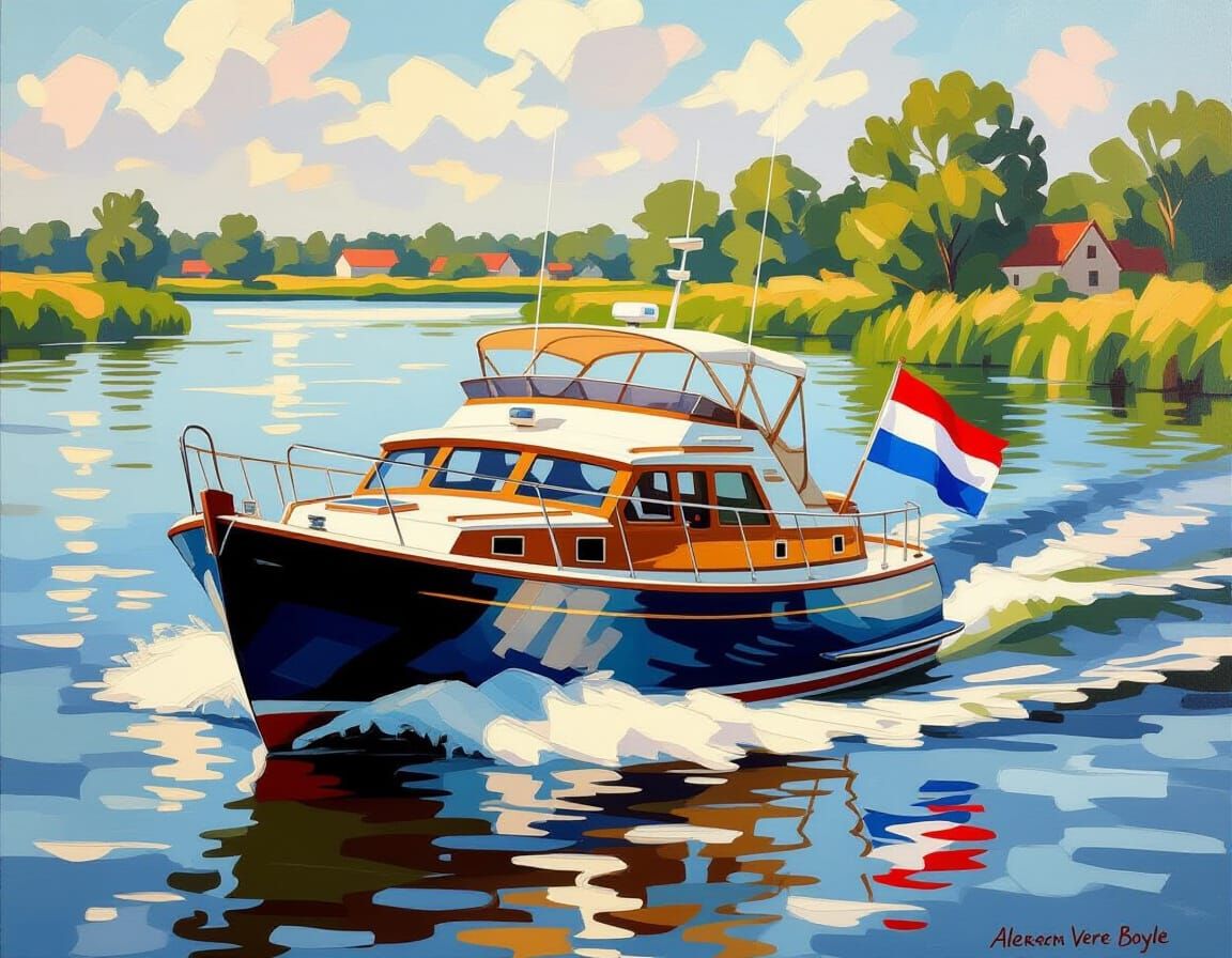 Luxury Yacht on Vinkeveense Plassen: Impasto Oil Painting