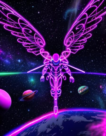 Neon Space Angel with Zentangle Wings in Vaporwave