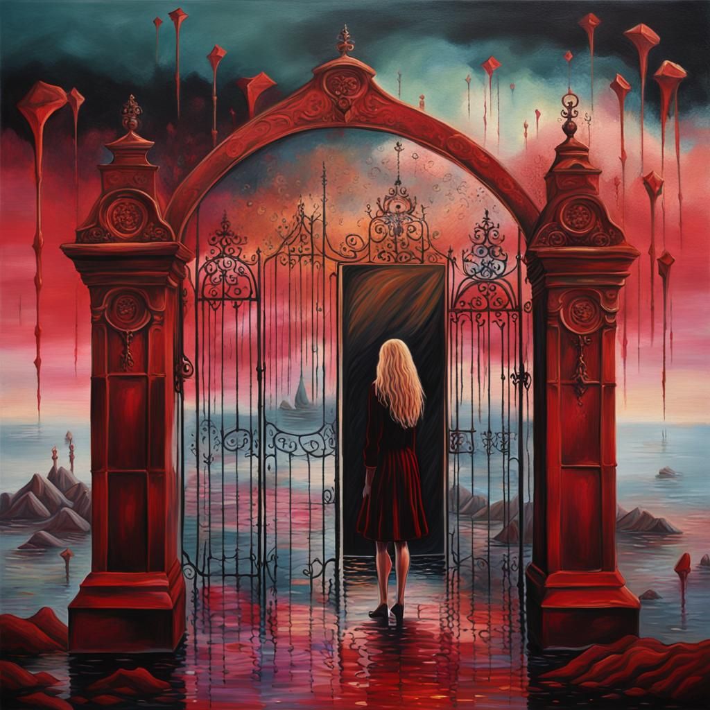 Ethereal Woman Sinks into a Crimson Sea in a Dreamlike Oil P...