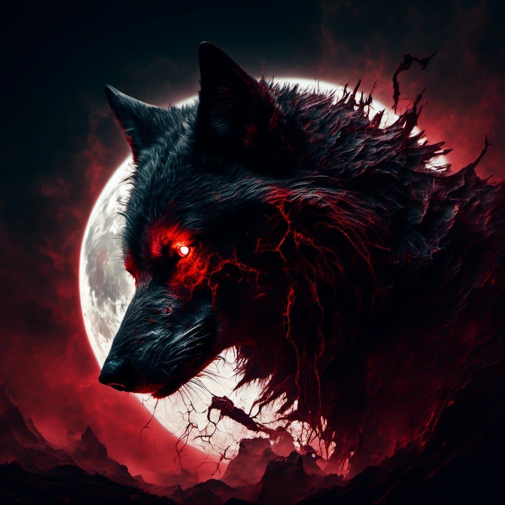 Macabre Shadow Wolf with Red Moon