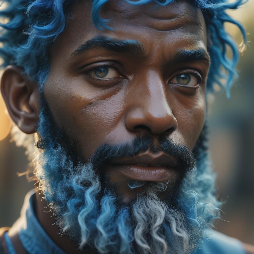 Fantasy Black Man with Blue Hair, Oil Painting Style