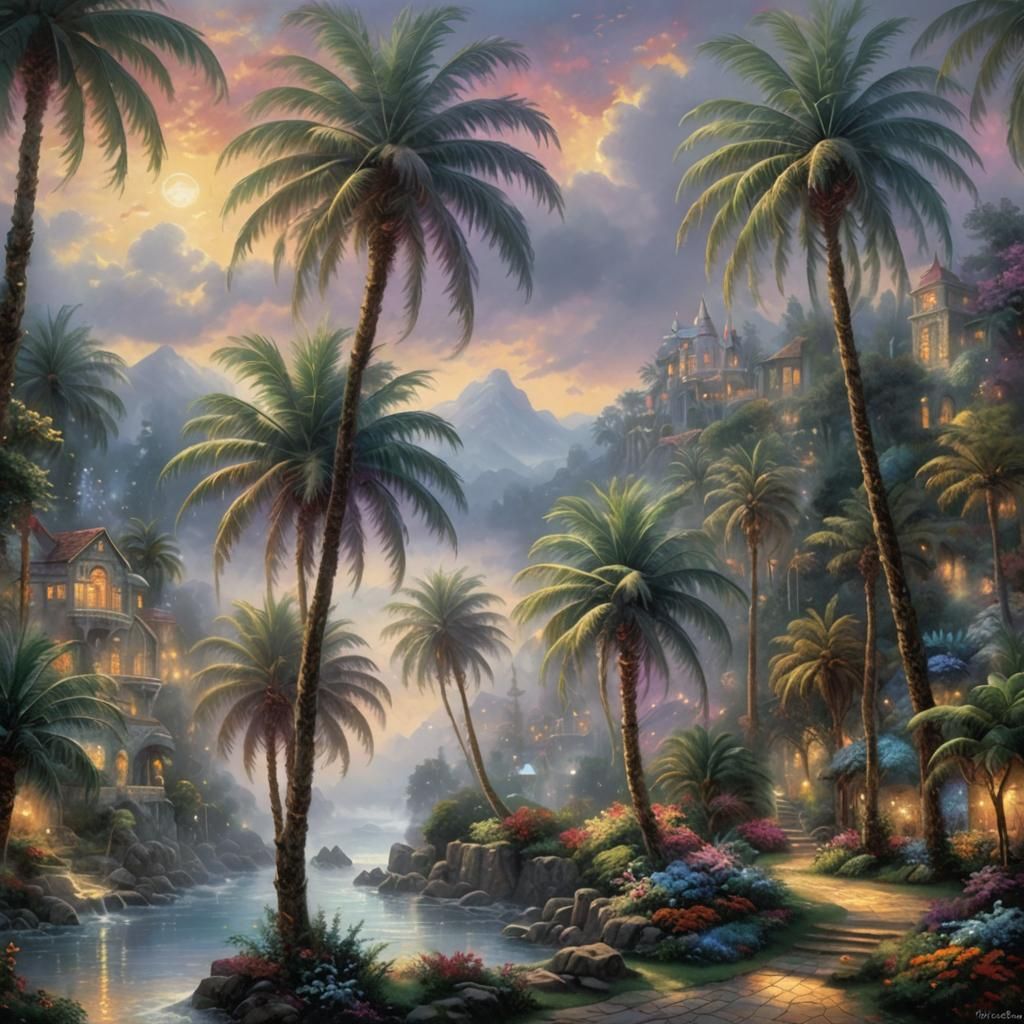 Ethereal Palm Trees in a Fantasy Landscape