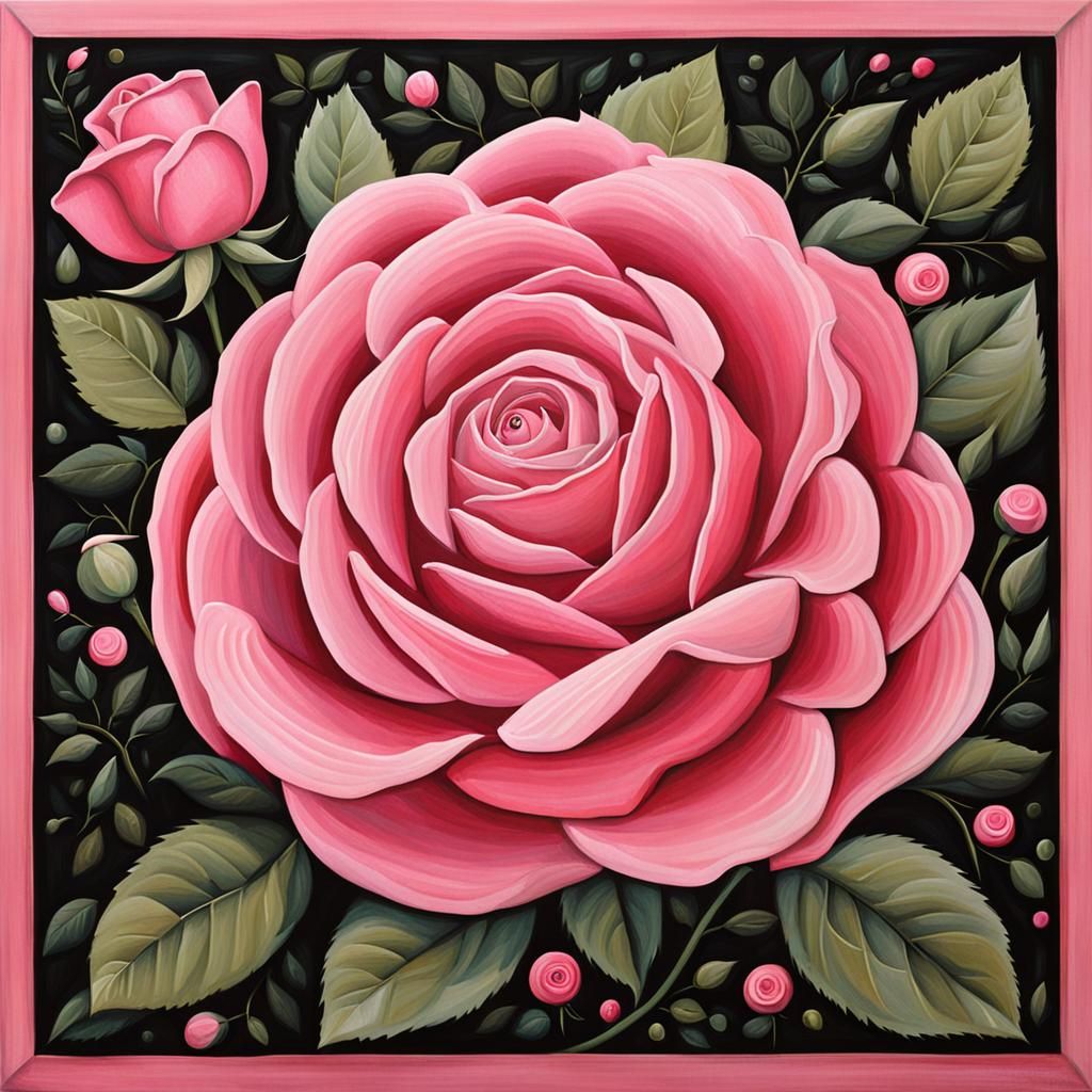 Pink Rose Naive Art Floral Painting