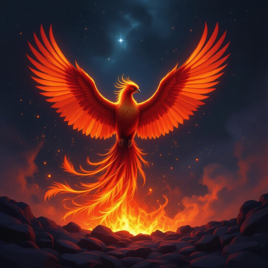 Majestic Phoenix Ascends from Embers in Cosmic Nebula