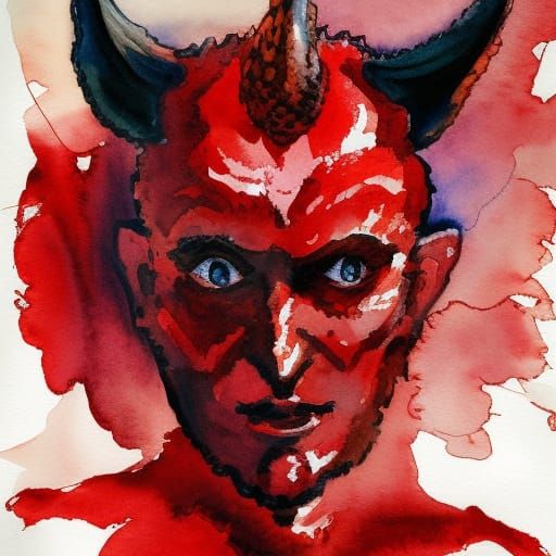 Blood Red Devil Portrait in Gouache Watercolor