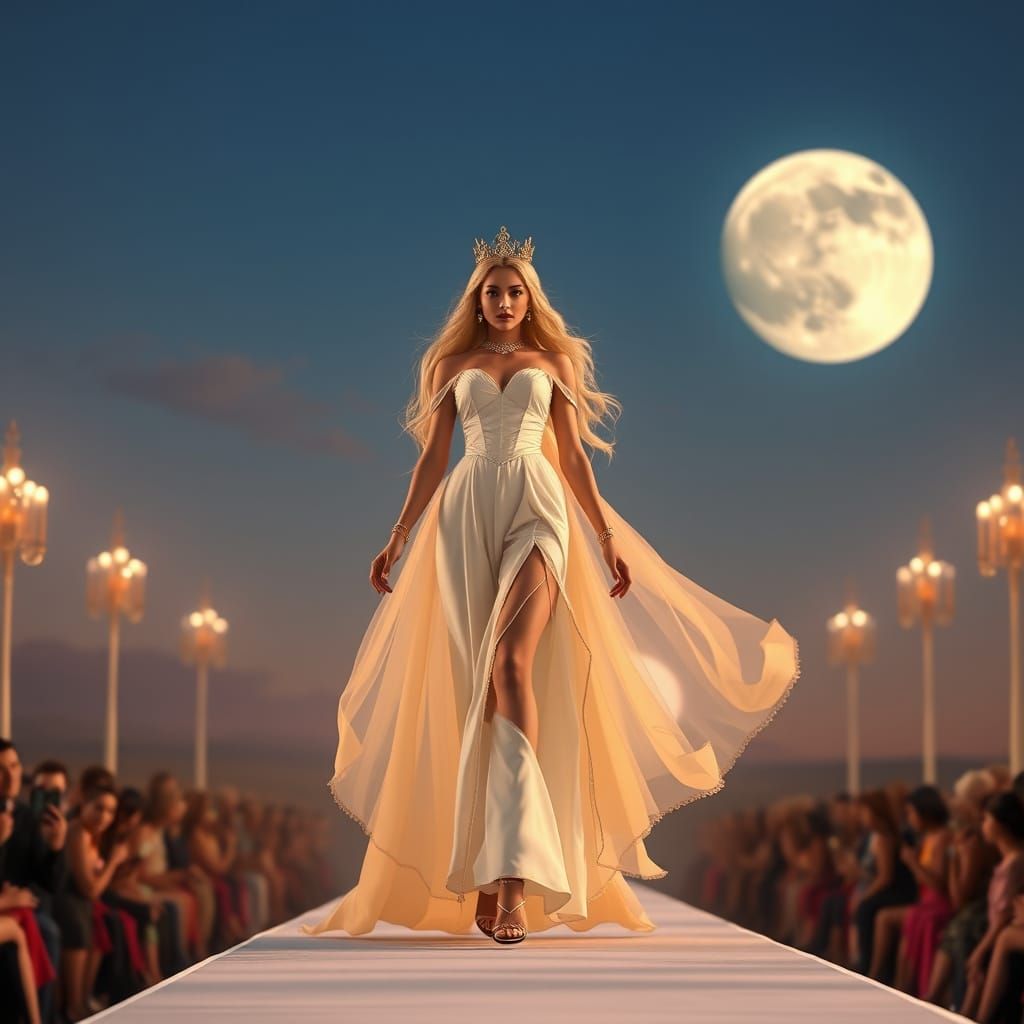 Queen Serenity on Catwalk with Moon, Hyperrealistic 8k