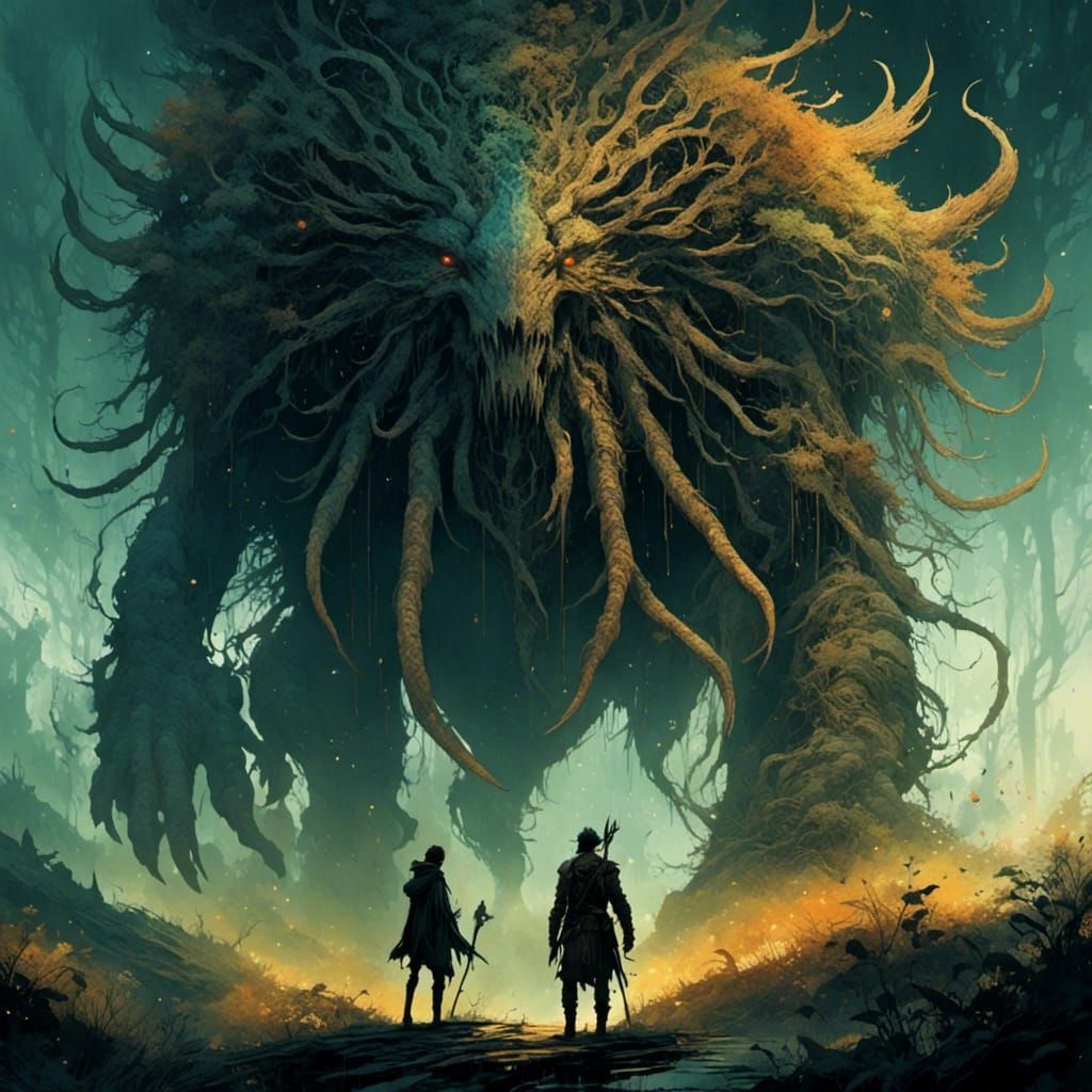 Giant Creature Encounter in Dark Fantasy World