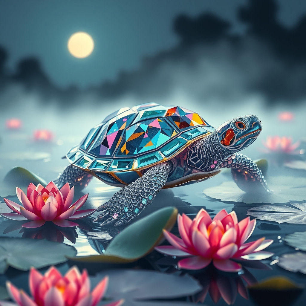 Crystal Turtle Emerges from Moonlit Pond