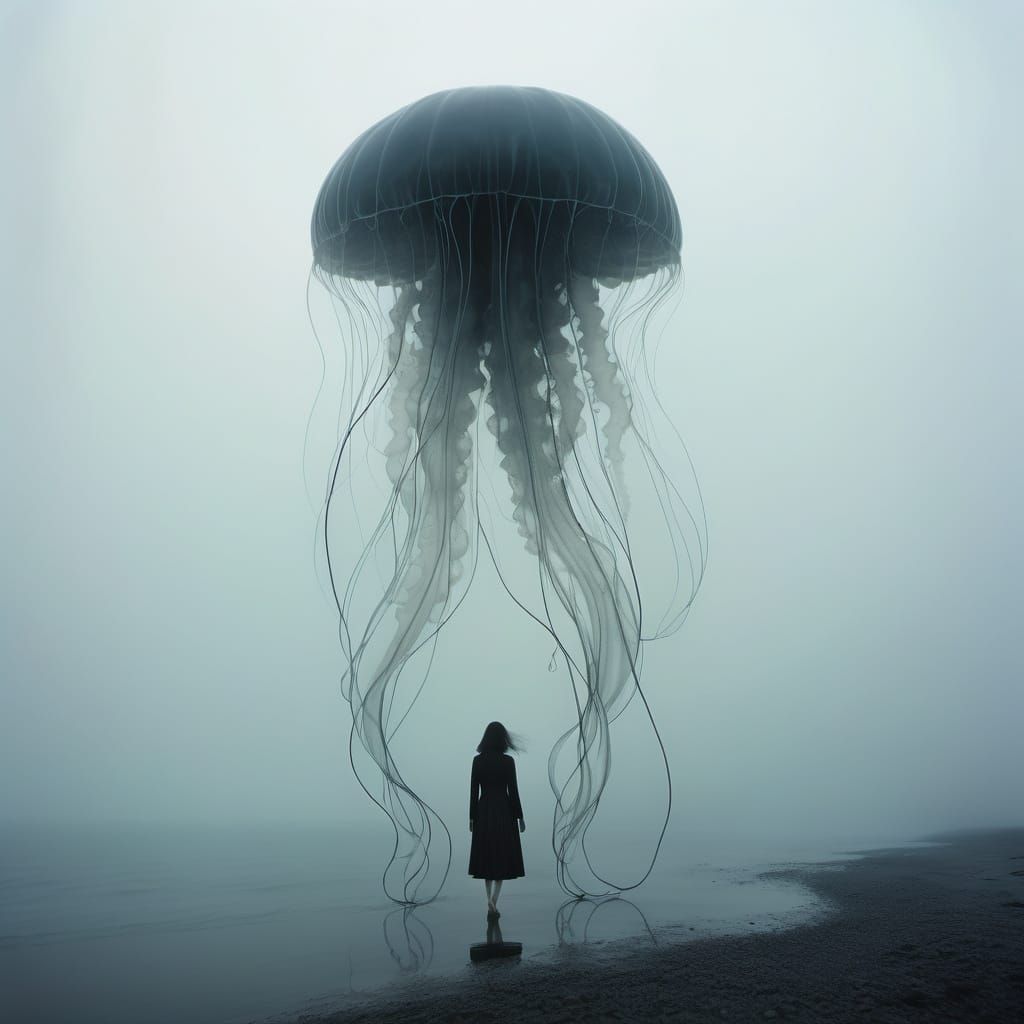 Ethereal Metal Jellyfish Emerges from Misty Beach