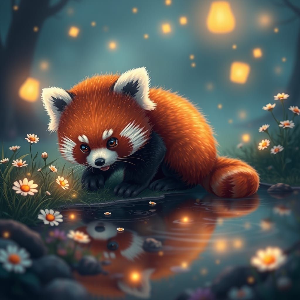 Dreamy Red Panda Amidst Fireflies and Wildflowers