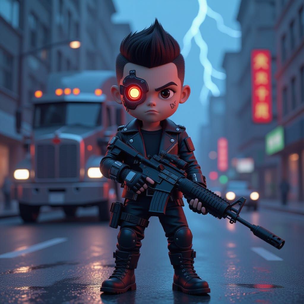 Cybernetic Boy Warrior in Pixar-Style Cityscape