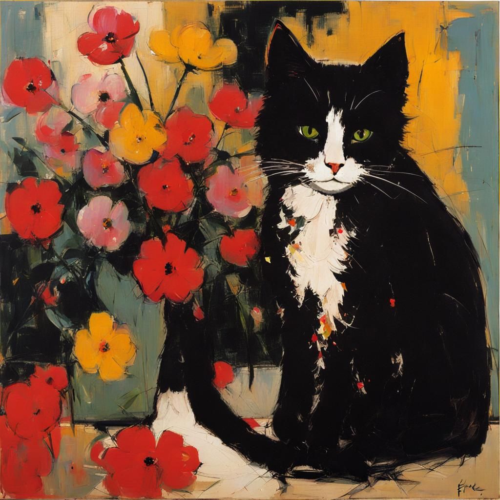 Cat with Flowers in Abstract Expressionist Style