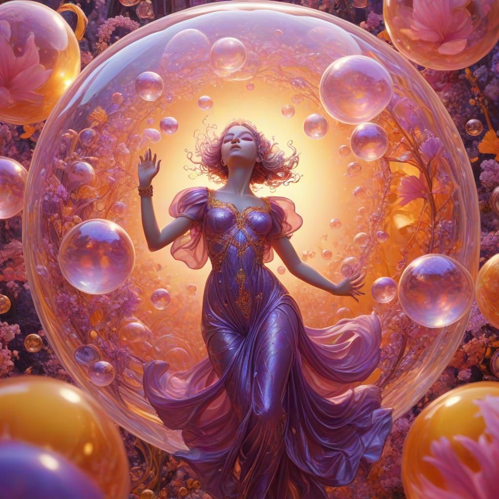 Psychedelic Sprite Dancing Among Iridescent Bubbles
