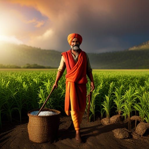 Indian Farmer in Animated Landscape: 8k Resolution