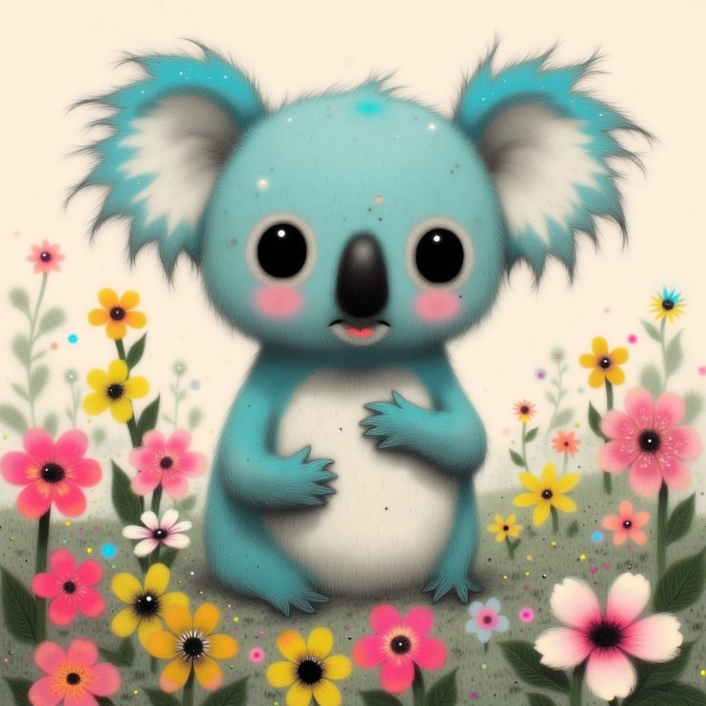 Pastel-Coloured Koala in Whimsical Anime-Inspired Garden